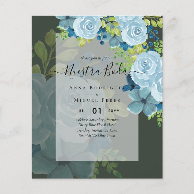 NUESTRA BODA Dusty Blue Blommigt BUDGET Flygblad (Framsidan)