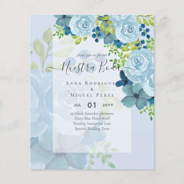NUESTRA BODA Dusty Blue Blommigt BUDGET Flygblad (Framsidan)