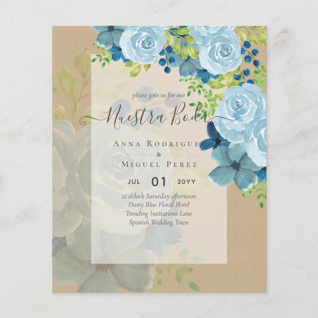 NUESTRA BODA Dusty Blue Blommigt BUDGET Flygblad (Framsidan)