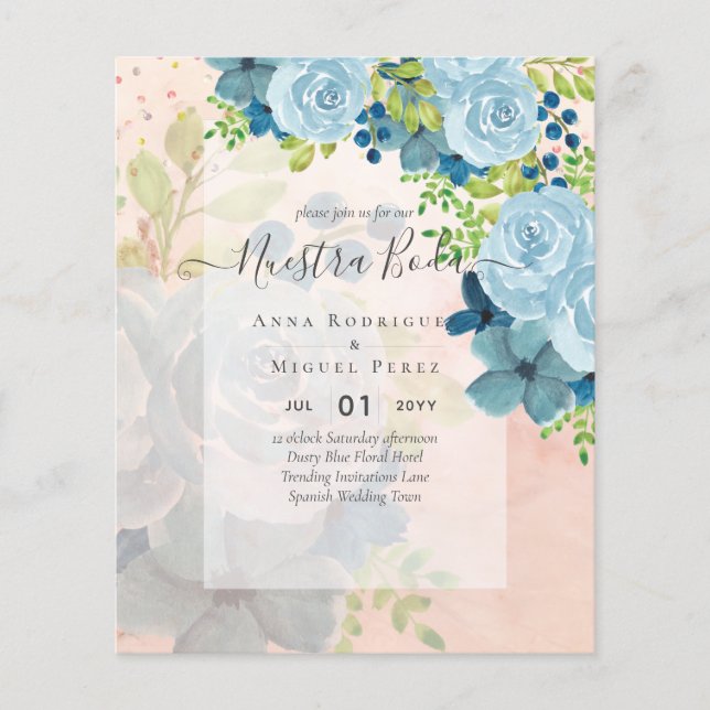 NUESTRA BODA Dusty Blue Blommigt BUDGET Flygblad (Framsidan)