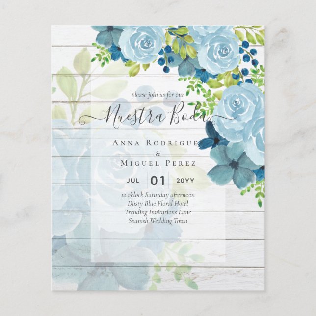NUESTRA BODA Dusty Blue Blommigt BUDGET Flygblad (Framsidan)