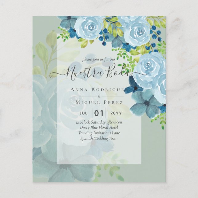NUESTRA BODA Dusty Blue Blommigt BUDGET Flygblad (Framsidan)