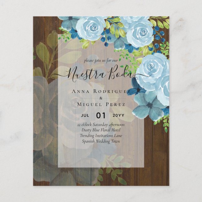 NUESTRA BODA Dusty Blue Blommigt BUDGET Flygblad (Framsidan)