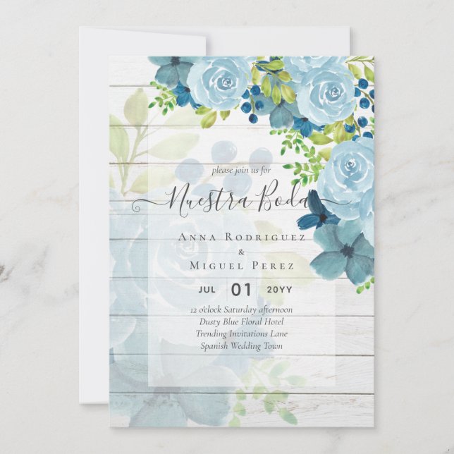 NUESTRA BODA Dusty Blue Blommigt Spanska Bröllop Inbjudningar (Framsida)