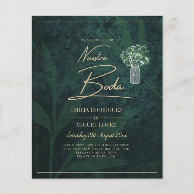 NUESTRA BODA Emerald Grönt Guld Gypsophila INBJUDA Flygblad (Framsidan)