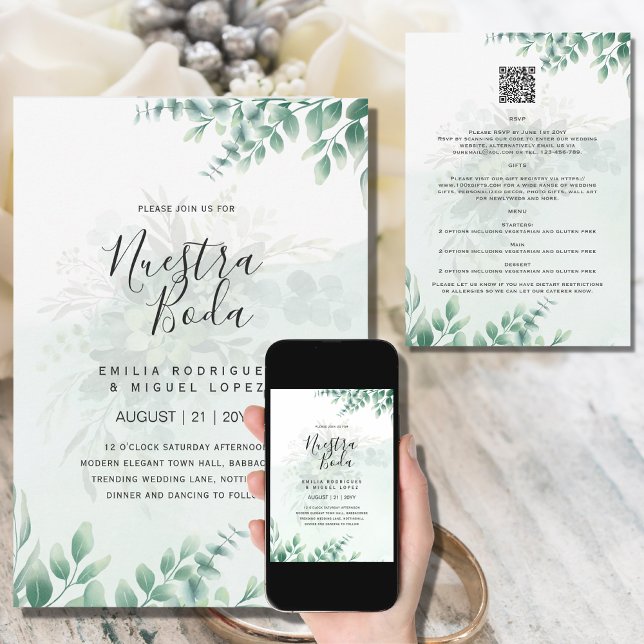 NUESTRA BODA Greenery OSA MENU DETAILS QRCode Inbjudningar (Skapare uppladdad)
