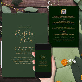 NUESTRA BODA GRÖNT GULD OSA MENU-INFORMATION QRCod Inbjudningar
