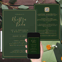 NUESTRA BODA GRÖNT GULD OSA MENU-INFORMATION QRCod Inbjudningar
