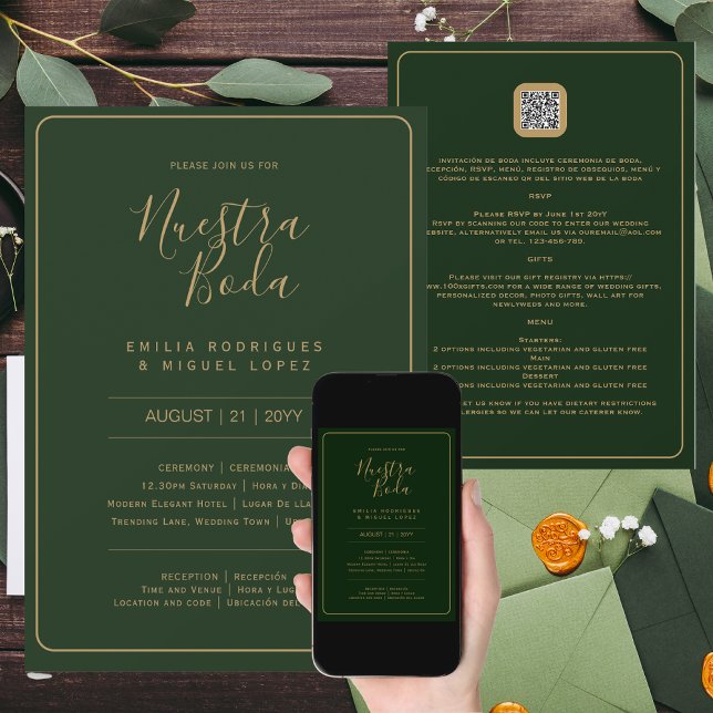 NUESTRA BODA GRÖNT GULD OSA MENU-INFORMATION QRCod Inbjudningar (Skapare uppladdad)