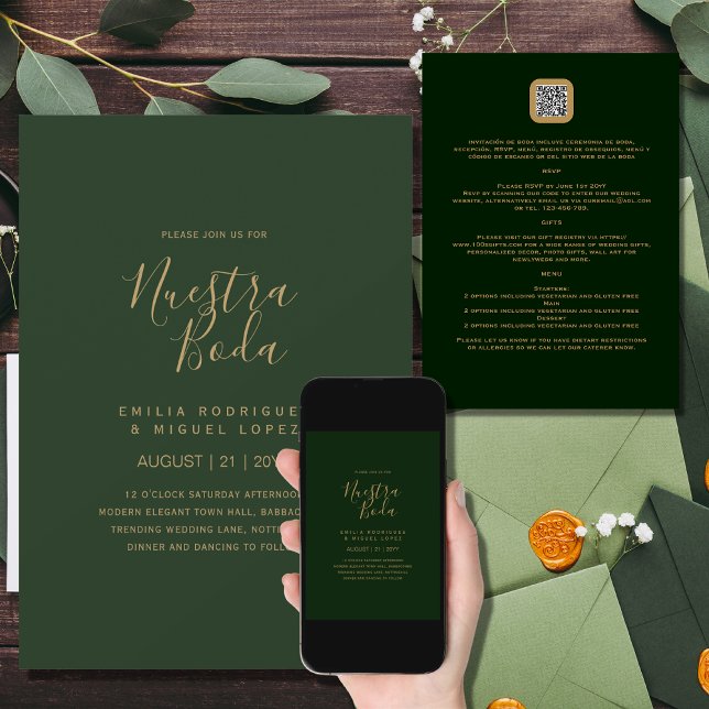 NUESTRA BODA GRÖNT GULD OSA MENU-INFORMATION QRCod Inbjudningar (Skapare uppladdad)