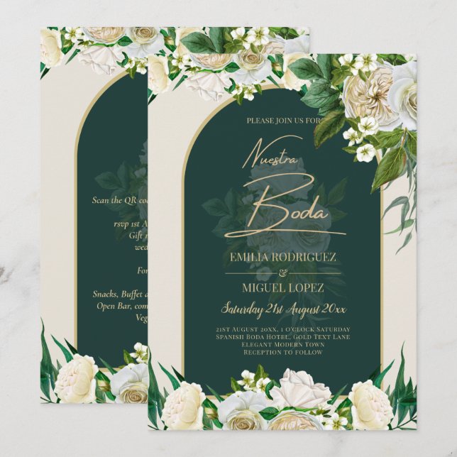 NUESTRA BODA Grönt Guld Vit ros Winter INBJUDAN (Fram/baksida)