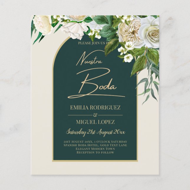 NUESTRA BODA Grönt Guld Vit ros Winter INBJUDAN Flygblad (Framsidan)