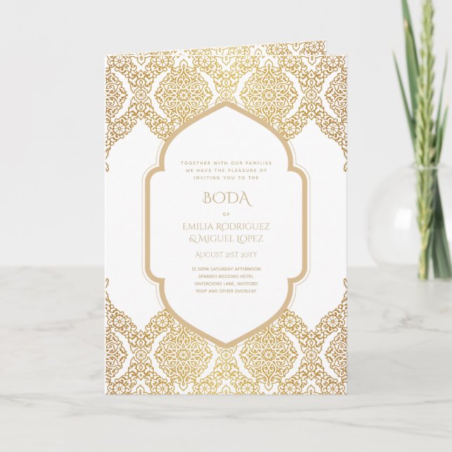 Nuestra Boda GULD 4-årig spansk bröllopsinbjudning Kort (Framsida)