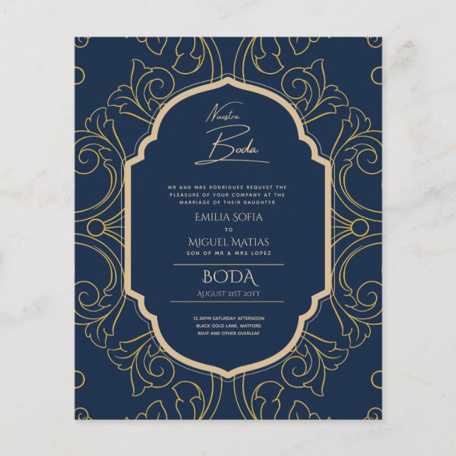 Nuestra Boda GULD Ram Spanska bröllopsinbjudan INV Flygblad (Framsidan)