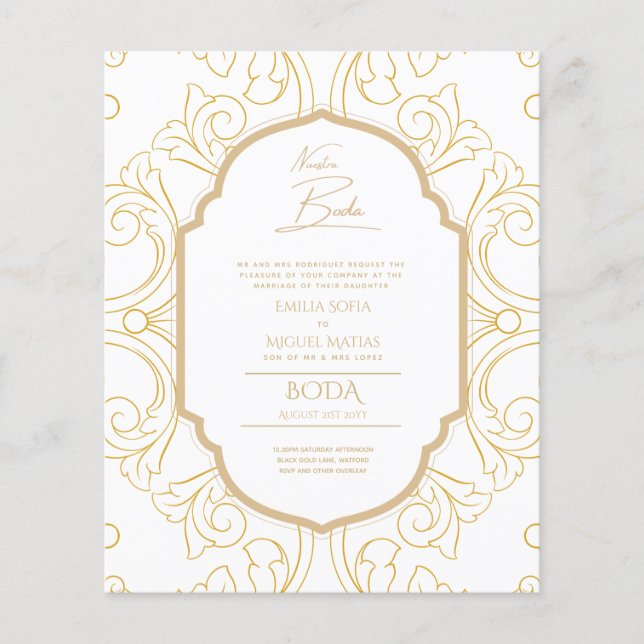 Nuestra Boda GULD Ram Spanska bröllopsinbjudan INV Flygblad (Framsidan)