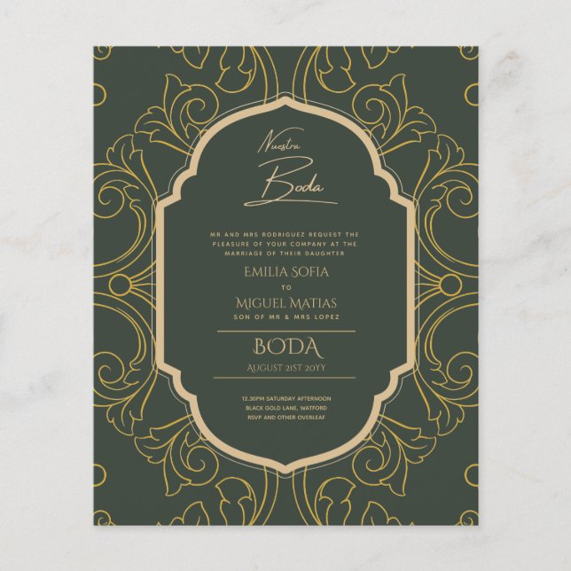 Nuestra Boda GULD Ram Spanska bröllopsinbjudan INV Flygblad (Framsidan)