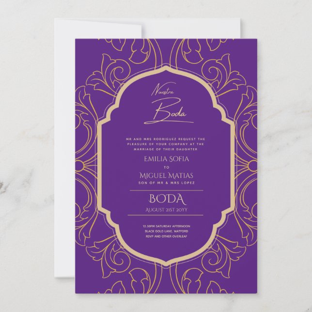Nuestra Boda GULD Ram Spanska bröllopsinbjudan INV Inbjudningar (Framsida)