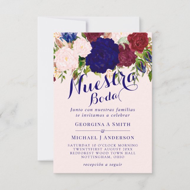 Nuestra Boda-inbjudan Burgundy Blue Rosa Blommigt Inbjudningar (Framsida)
