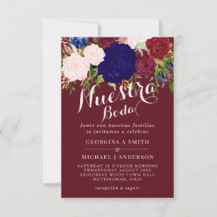 Nuestra Boda-inbjudan Burgundy Blue Rosa Blommigt Inbjudningar