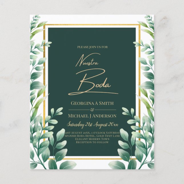 Nuestra Boda-inbjudan till Greenery Guld Flygblad (Framsidan)