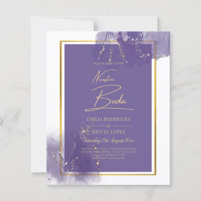 NUESTRA BODA LILA GULD Bröllop Lavender INBJUDAN (Framsida)