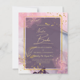 NUESTRA BODA Lila Rosa Guld Bläck bröllopsinbjudan