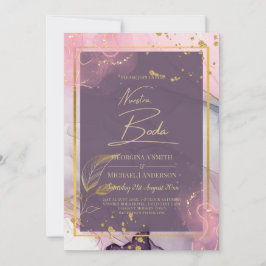 NUESTRA BODA Lila Rosa Guld Bläck bröllopsinbjudan Inbjudningar