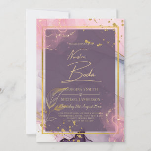 NUESTRA BODA Lila Rosa Guld Bläck bröllopsinbjudan Inbjudningar