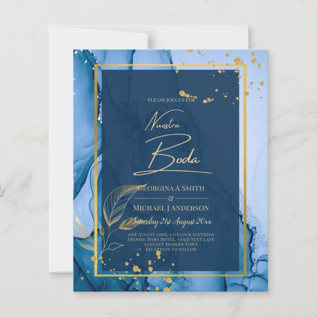 NUESTRA BODA Navy Blue Guld Bläck Wedding INVITE (Framsida)