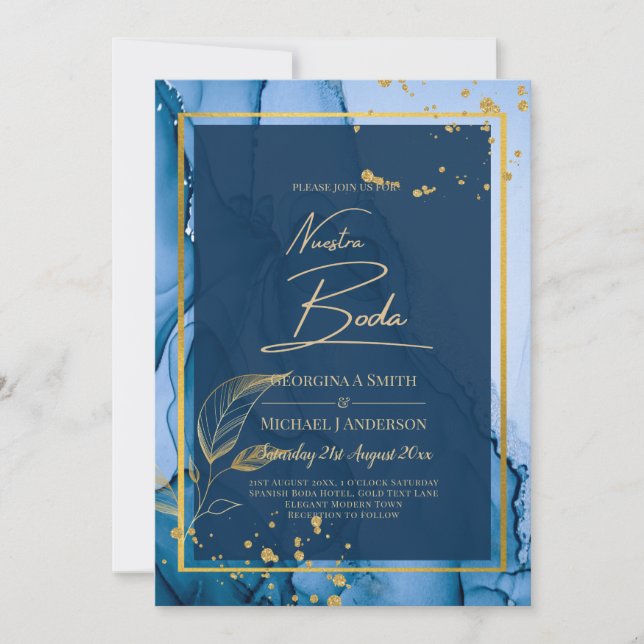 NUESTRA BODA Navy Blue Guld Bläck Wedding INVITE Inbjudningar (Framsida)
