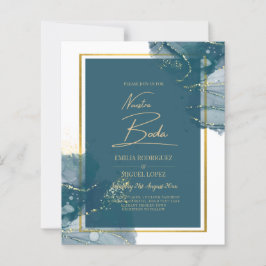 NUESTRA BODA Peacock Blue Guld bröllopsinbjudan