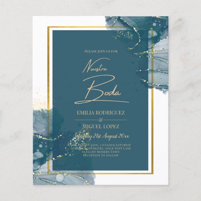 NUESTRA BODA Peacock Blue Guld bröllopsinbjudan Flygblad (Framsidan)