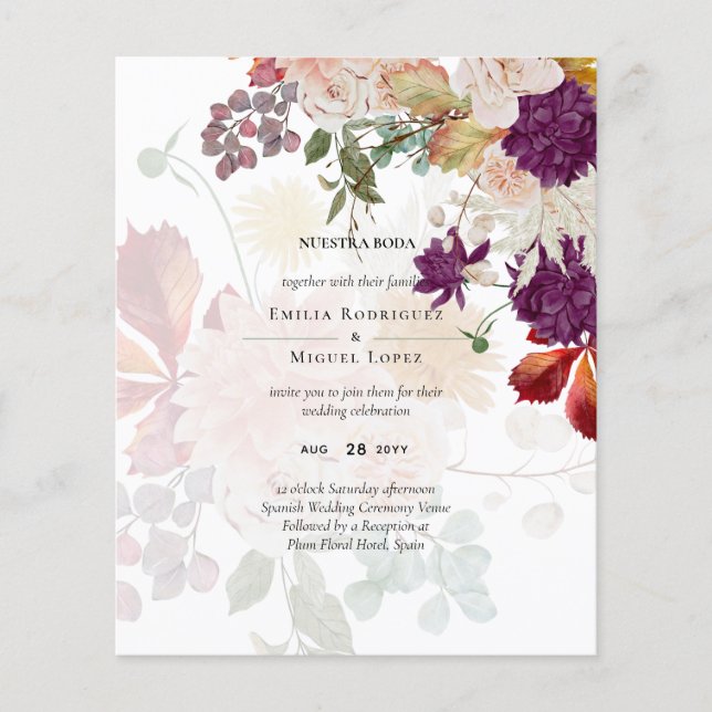 NUESTRA BODA Plum Fall Blommigt Spanska Bröllop Flygblad (Framsidan)