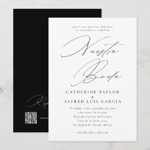 Nuestra Boda, spansk, svart QR-kod Bröllop Inbjudningar