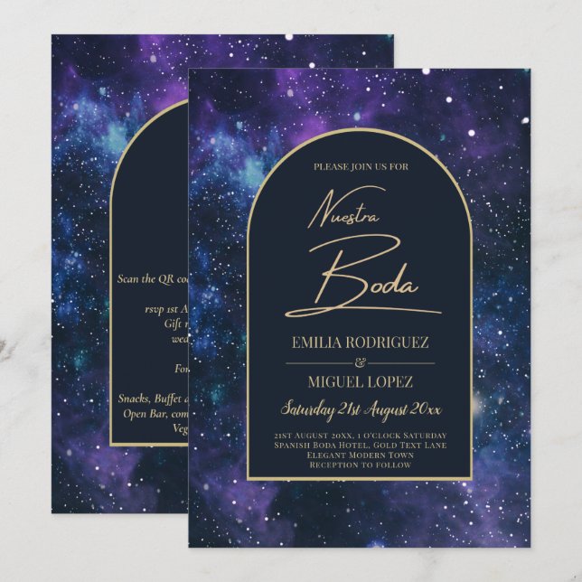 NUESTRA BODA Starry Night Lila Blue INBJUDAN (Fram/baksida)