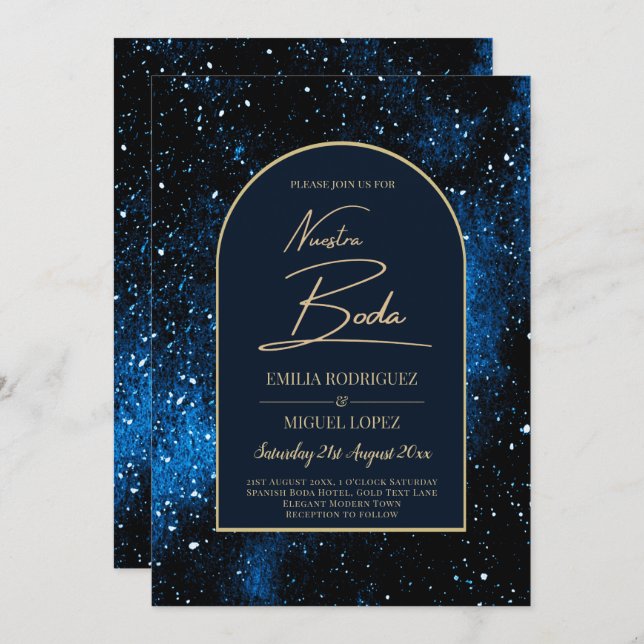 NUESTRA BODA Starry Night Navy Blue Guld INBJUDAN (Fram/baksida)