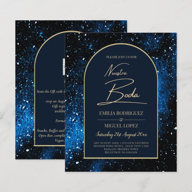 NUESTRA BODA Starry Night Navy Blue Guld INBJUDAN (Fram/baksida)