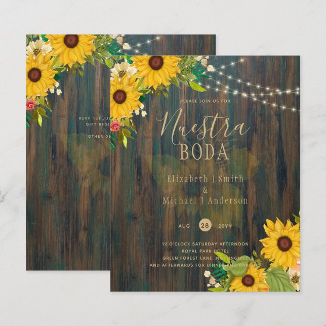 NUESTRA BODA Sunblommor Rustic Wood Wedding bjudan (Fram/baksida)
