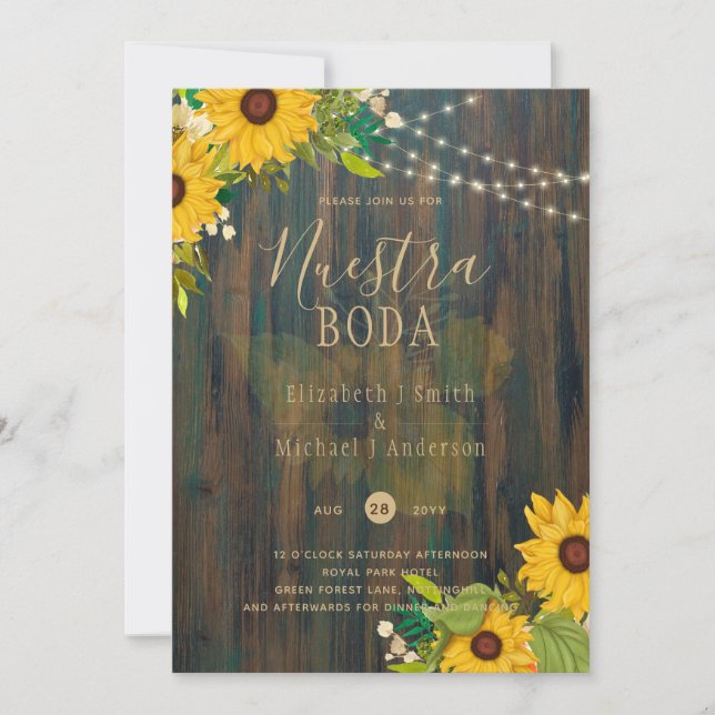 NUESTRA BODA Sunblommor Rustic Wood Wedding bjudan Inbjudningar (Framsida)
