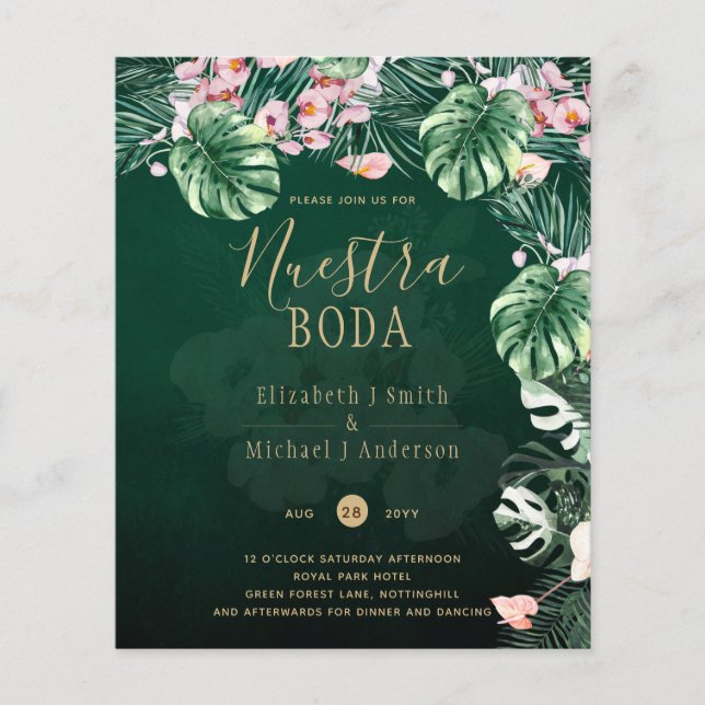 NUESTRA BODA Tropical Grönt Rosa Blommigt Inbjudan Flygblad (Framsidan)