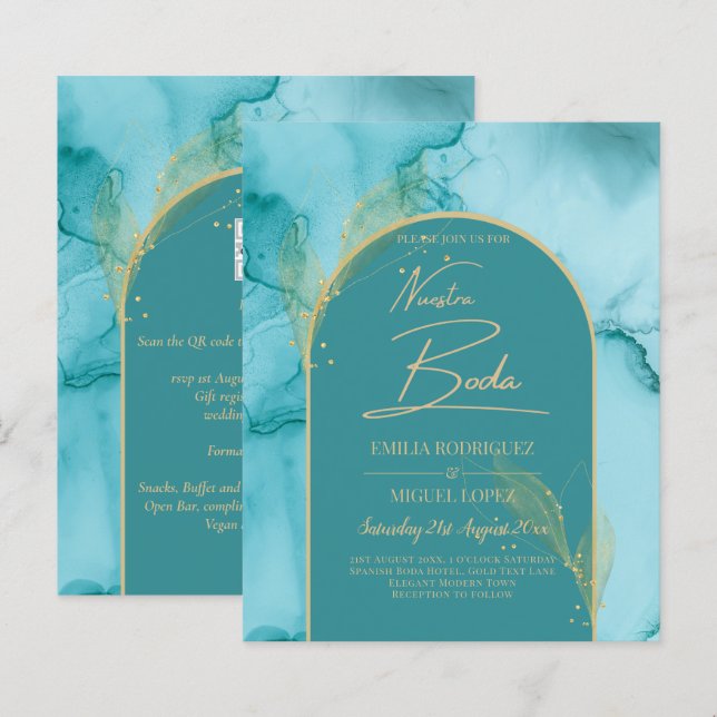 NUESTRA BODA Turquise Teal Guld Wedding INVITE (Fram/baksida)