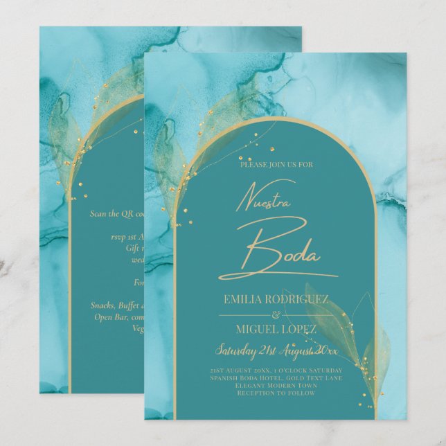 NUESTRA BODA Turquise Teal Guld Wedding INVITE Inbjudningar (Fram/baksida)