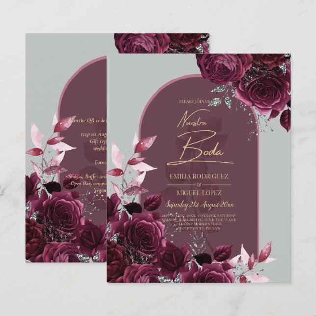 NUESTRA BODA VIN RÖD ROS INVITACIONER (Fram/baksida)