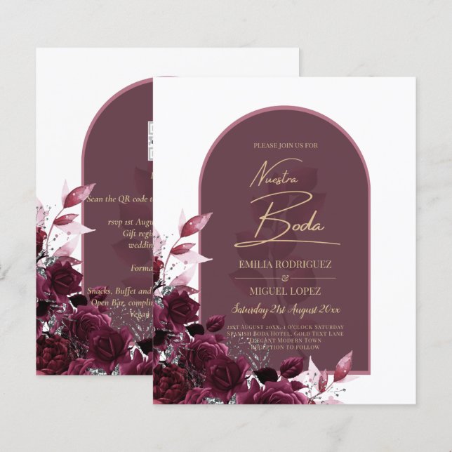 NUESTRA BODA VIN RÖD ROS INVITACIONER (Fram/baksida)
