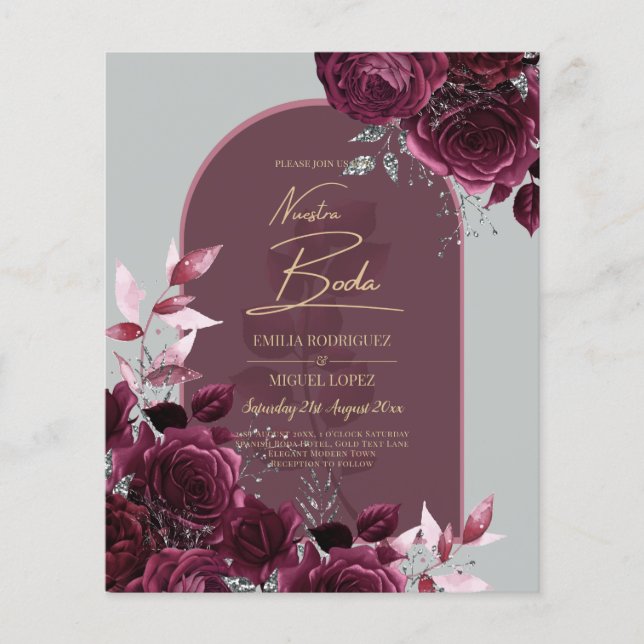 NUESTRA BODA VIN RÖD ROS INVITACIONER FLYGBLAD (Framsidan)