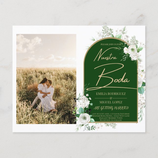 NUESTRA BODA Vit ros Spanska fotoInbjudningskort Flygblad (Framsidan)