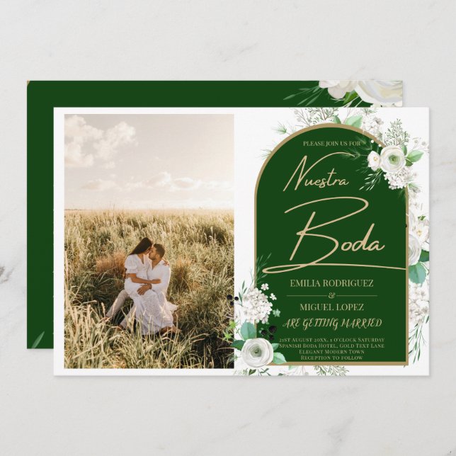 NUESTRA BODA Vit ros Spanska fotoInbjudningskort Inbjudningar (Fram/baksida)