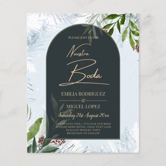 NUESTRA BODA Winter Greenery bröllopsinbjudan Flygblad (Framsidan)