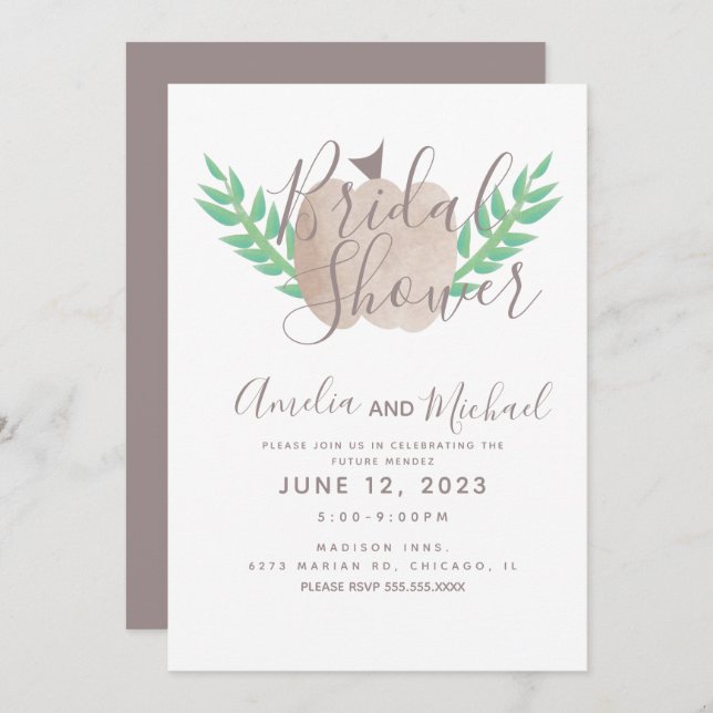 Nuetral Pumpkin Brown Beige Greenery Möhippa Inbjudningar (Fram/baksida)