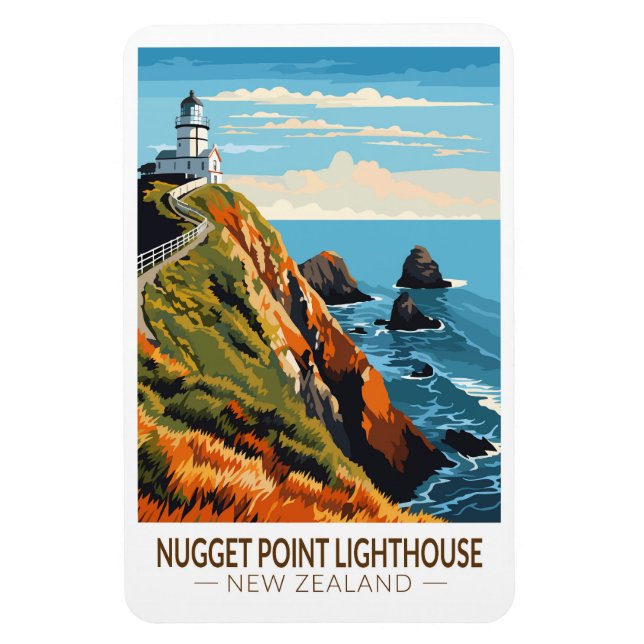 Nugget Point Lighthouse New Zealand Travel Vintage Magnet (Vertikal)